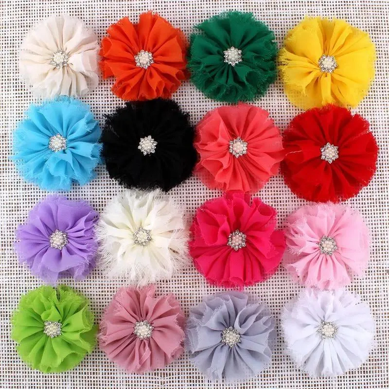 Decorative Flowers 5pcs/lot 3" 16 Colors Born Artificial Chic Shabby Chiffon Alloy Rhinestone Button Flower For Baby Girls Hair Accessories