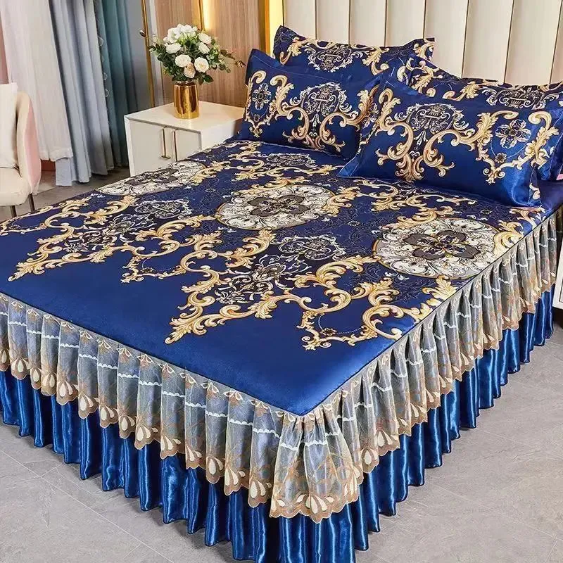 Sängkjol 3PCSLOT dubbelplåt Set Classic Lace Royal Blue Machine Washable Wedding Bed Bread Madrass Cover 231026