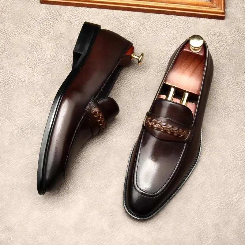 Dress Shoes Italian Flat Mens Business Loafers Luxury Genuine Leather Brand Handmade Designer Elegant Black Wedding Work Formal Man