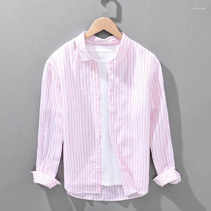 メンズカジュアルシャツ縞模様の長袖シャツ純粋なリネン通気性マンピンクのボタンアップトップス