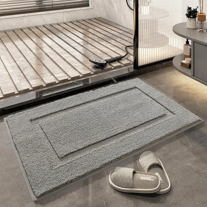 Badmattor förtjockar plysch Superabsorberande badrumsmatta fast färg Flocking Non Slip Matt mjuk hudvänliga sovrum mattor hem