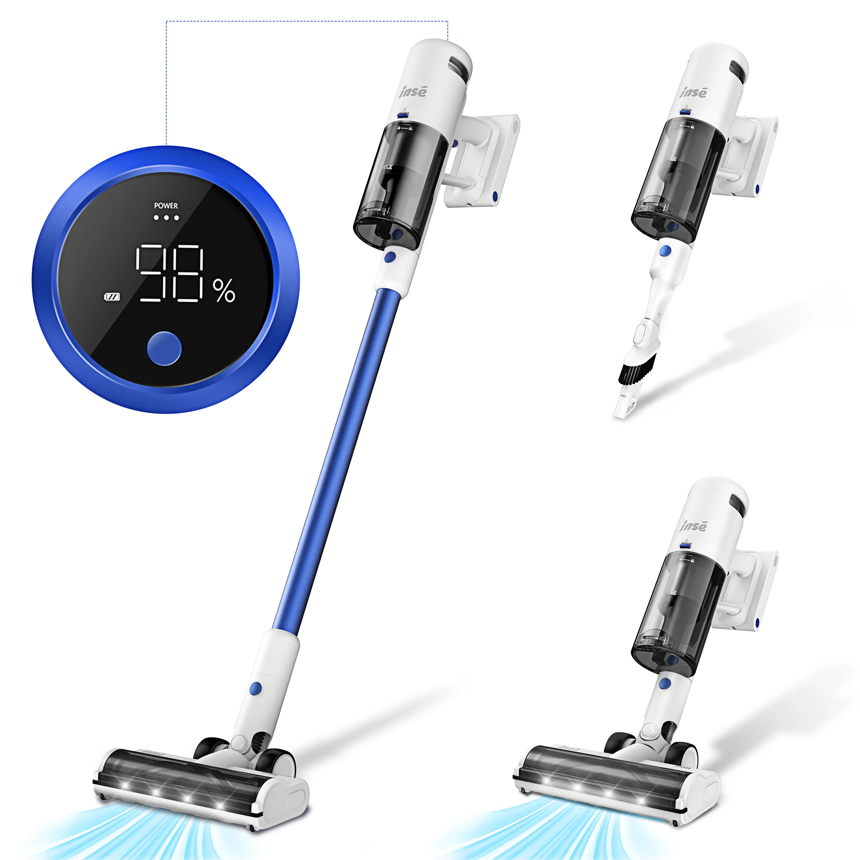 INSE Cordless Vacuum Cleaner 30kPa, 6-in-1 Powerful Stick Vacuum Cleaner with LED Display, Max 60 Min Runtime, 450W Brushless Motor Vacuum Cleaner--V120 Blue