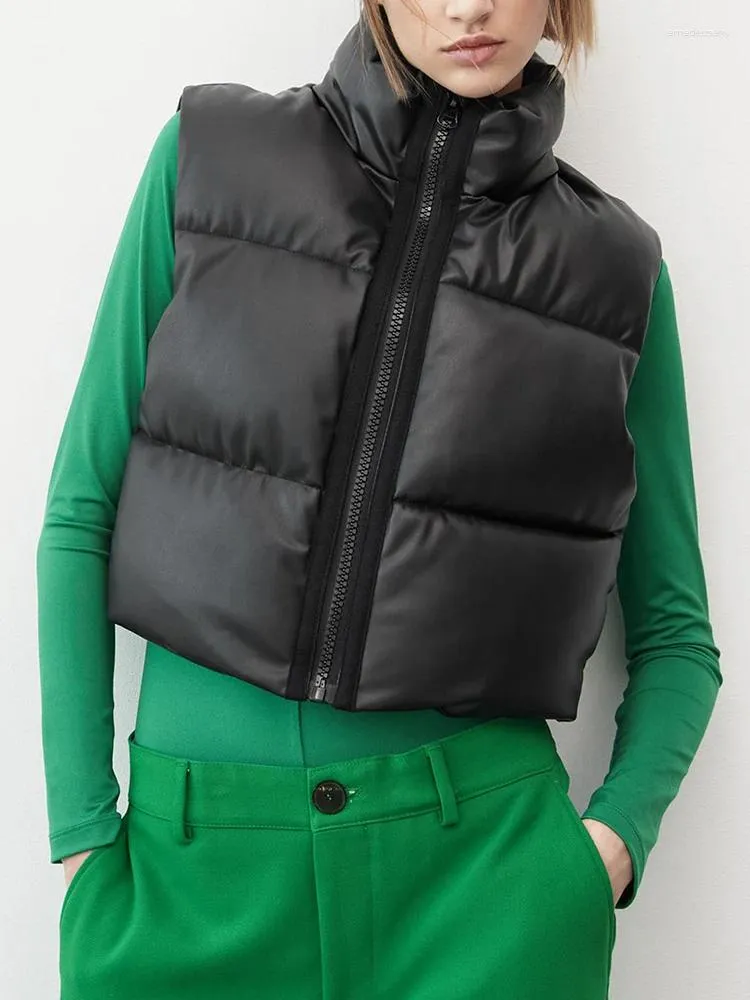 Chalecos de mujer Cuero de imitación Mujeres Puffer Cálido Invierno Otoño Stand Collar Zip-up Abrigo recortado para mujer Chaleco acolchado Chaleco casual vintage