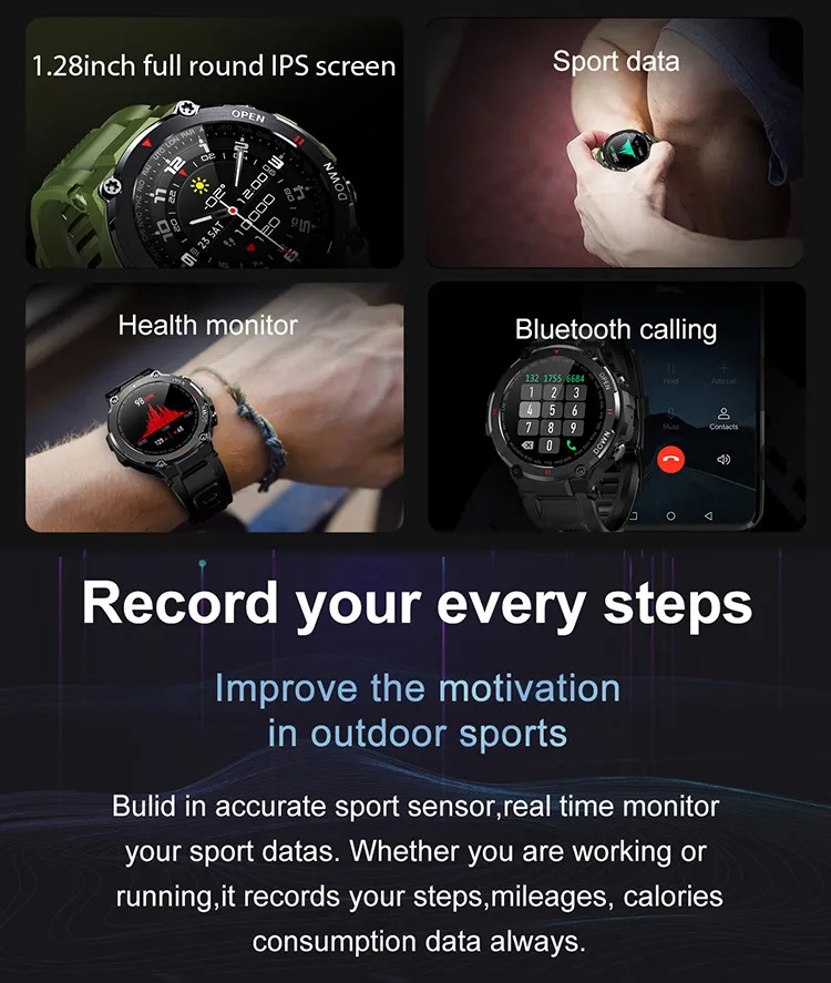 IP67 Waterproof K22 Suunto Smartwatch With BT 5.0, Heart Rate & Blood