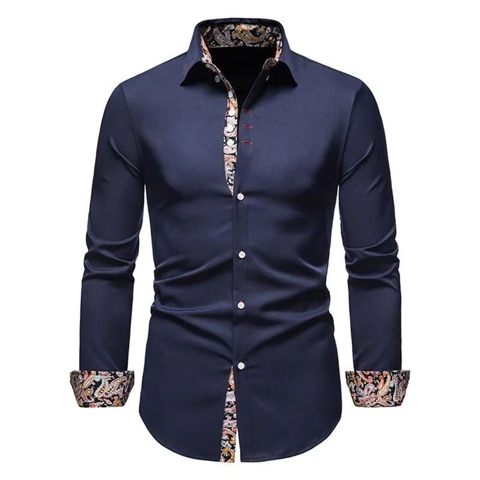 Mens Paisley Algodão Manga Longa Vestido Camisa Floral Impressão Casual Retro Botão Camisas Homens Slim Fit Chemise Homme Men's2575