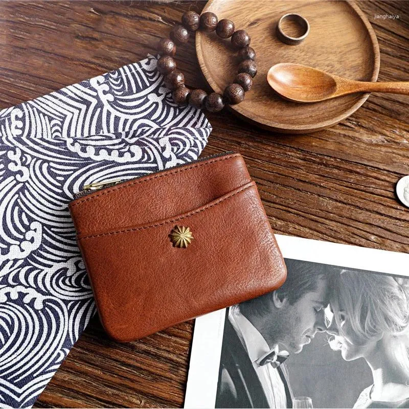Brieftaschen Echtes Leder Brieftasche Männer Vintage Handgemachte Kurze Geldbörse Kleine ID Halter Reißverschluss Münzfach Geld Tasche Frauen