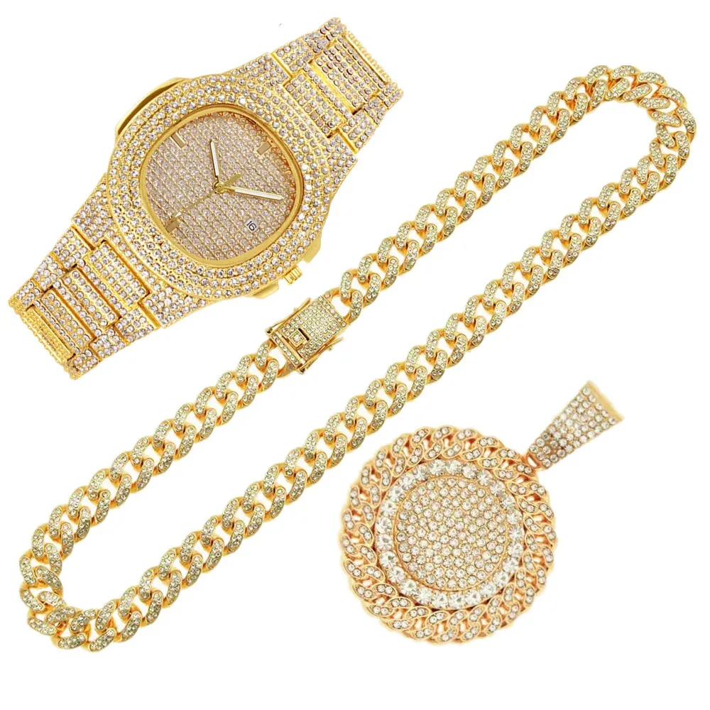 Montres femmes 2 pièces/ensemble montres glacées collier AAA strass 13MM complet Miami gourmette chaînes cubaines CZ Bling montre en or pour hommes bijoux horloge 231025