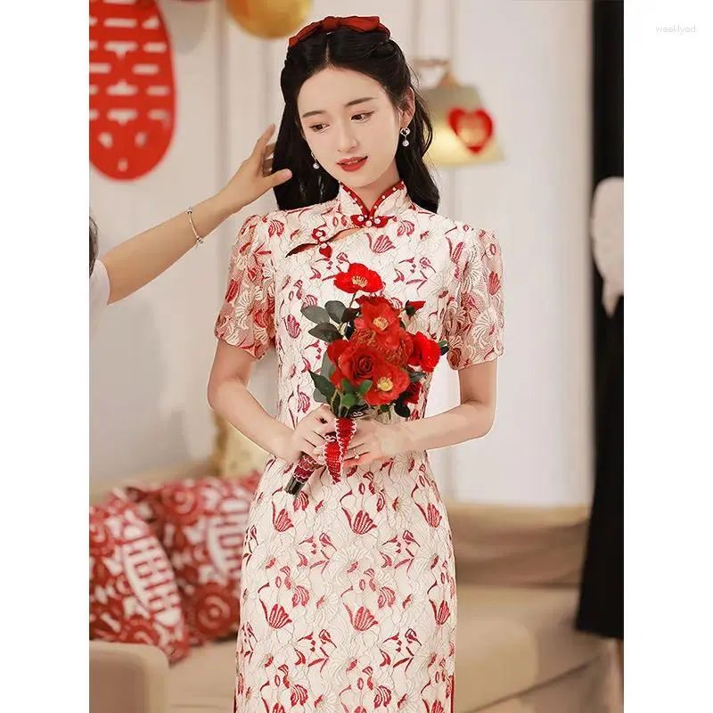 Vêtements ethniques Summer Mandarin Col Robe de mariée Style chinois à manches courtes Cheongsam Vintage High Split Qipao Toast
