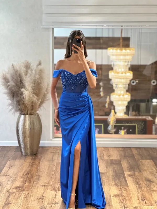Royal Blue Off Shoulder Satin Prom Dress with Beads Pleated Split Long Formal  Evening Gown from Dhgate Prom Dresses - price 288.57