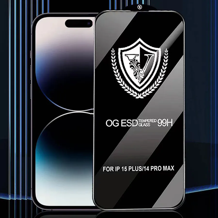 Screenprotector voor iPhone 15 Pro Max 14 Plus 13 Mini 12 11 XS XR X 8 7 SE 99H Gehard glas OG ESD ANTISTATISCHE Film Volledige dekking Explosie gebogen Premium Guard