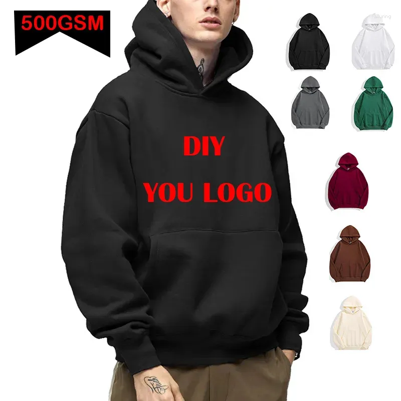 Sweat à capuche pour hommes, bricolage personnalisé votre LOGO de marque 500GSM poids lourd automne hiver décontracté épais haut en coton couleur unie