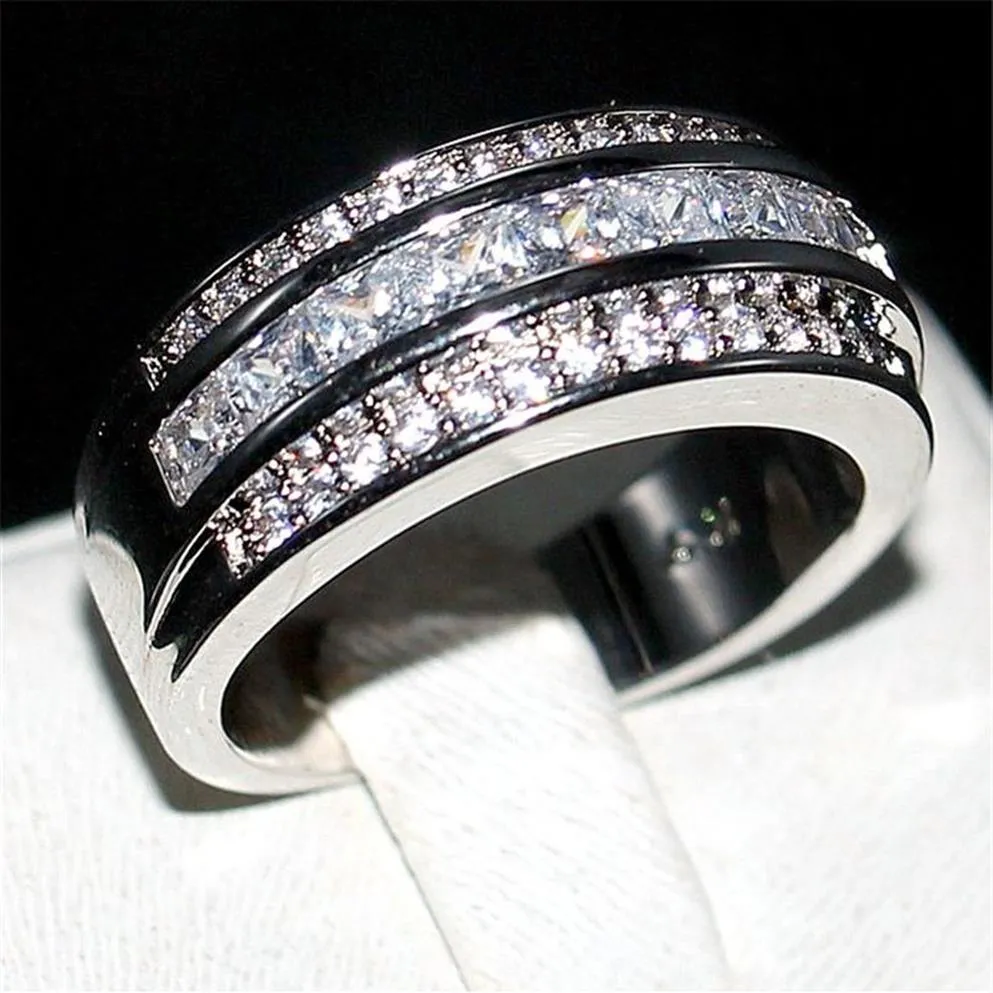 Luxury Princess-Cut White Topaz Gemstone Rings Fashion 10kt White Gold Filled Wedding Band Jewelry for Men Women Storlek 8 9 10 11 12227P
