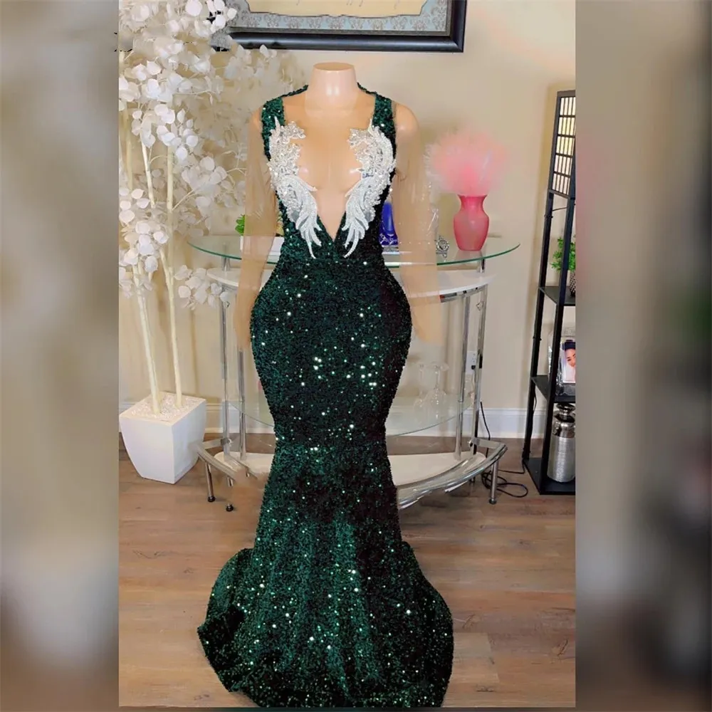 Vestido de baile vintage de lantejoulas verde escuro para meninas negras 2024 malha longa skeeve gillter sereia vestido de recepção frisado robe de bal