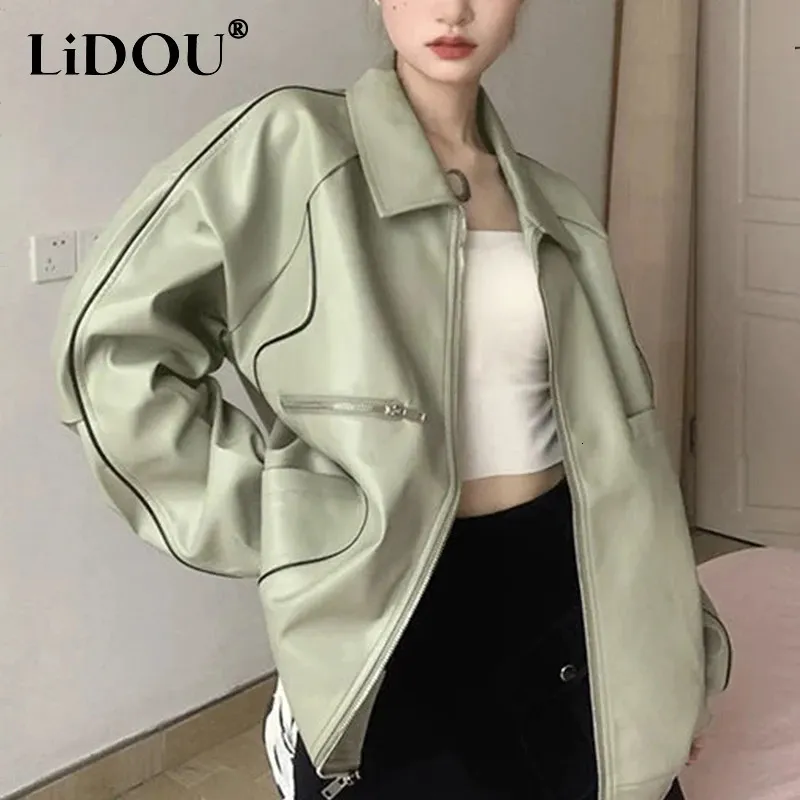 Women's Leather Faux Leather spring autumn street style harajuku Y2K PU leather jacket ladies long sleeve patchwork fashion zipper coat women's cardigan top 231026