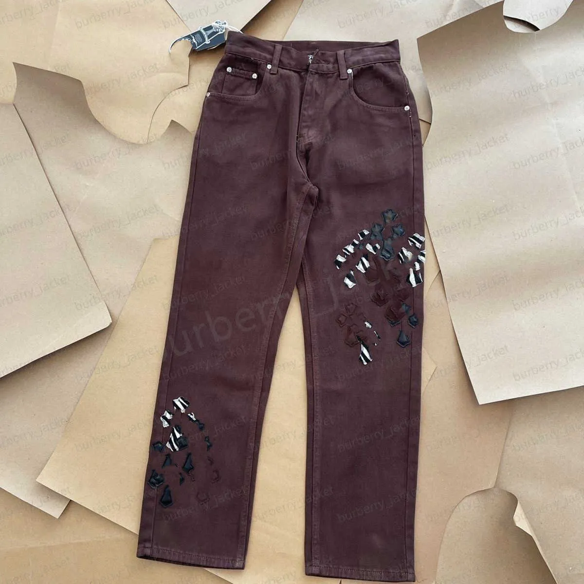 Mens Jeans Chromees Designer Make Old Washed Hearts Jeans Chrome Straight Trousers Heart Cross Brodery Letter Prints Casual For Women Men Brown Color Pants