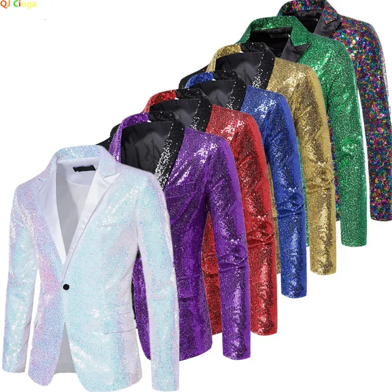 Herrdräkter blazers glänsande paljettdräkt jacka mäns scen prestanda kappa vit silver blå röd lila blazers v-hals singel knapp s m l xl xxl 231025