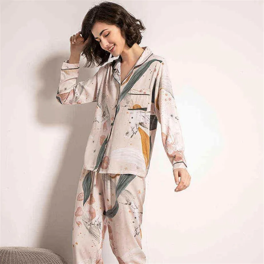 Damespyjama met sterrenhemel en bloemenprint Comfort Katoen Satijn Volledige mouw Homewear Dames Tender Vrijetijdskleding Voor Lente 220215r