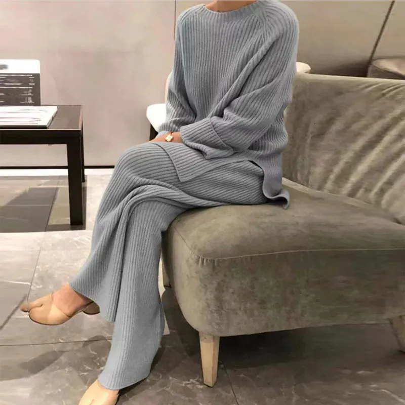 Womens Sleepwear Lady Home Suit Autumn Fashion Soft Casual ONeck Pullover TopsKnitted Pant Homewear Pajama Winter Solid Women Two Piece Set 231025