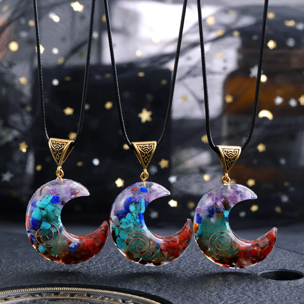 Natural Stone Charm Plastic Wrapped Crescent Moon Pendant Chakra Crystal Beads Rope Necklaces Jewelry for Girl Women