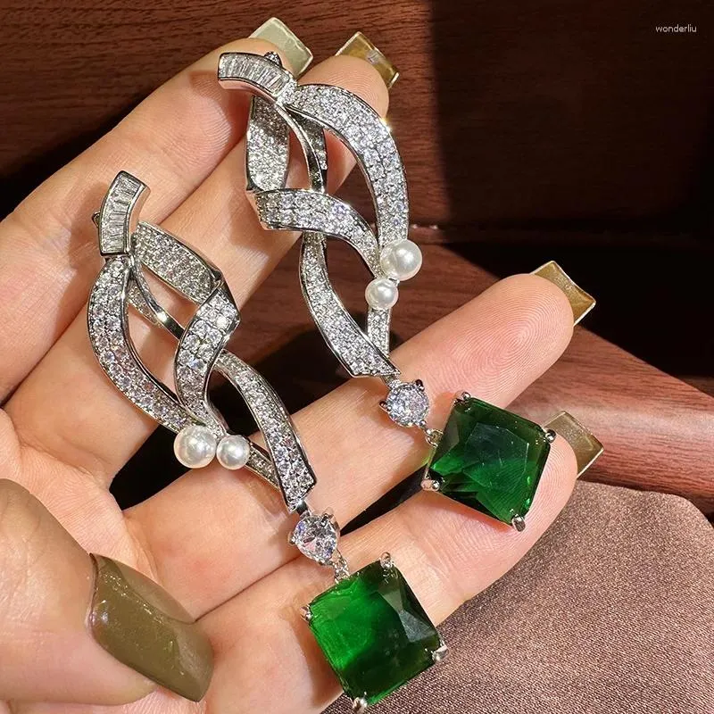 Orecchini pendenti LJDZSW S925 Argento Ago Linea cava Perla Verde Cristallo Lussuoso Gioielli da donna Eleganza Anniversario di matrimonio