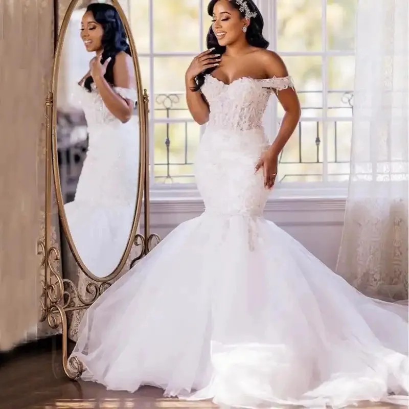 2023 Portrait grande taille robe de mariée sirène nouveau Organza perles dos nu paillettes épaule robes de mariée balayage train robes de mariée sur mesure robes de mariée