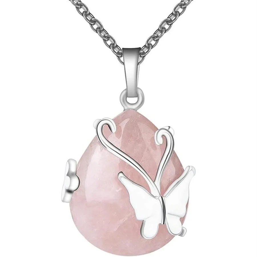 Pendentif Colliers Vintage Wire Wrap Papillon Pierre précieuse Rose Quartz Améthyste Opalite Collier de cristal de guérison 2978