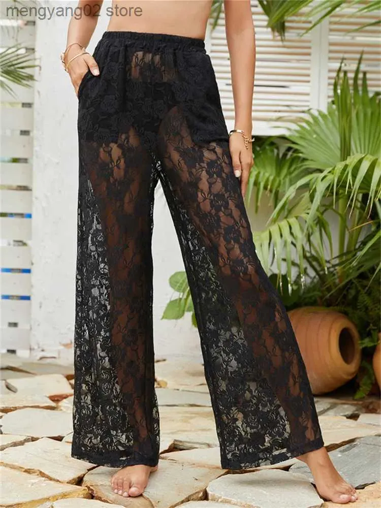 Women's Pants Capris Women Fashion Beach Pants Lace Crochet Mesh See-through High Waist Loose Pants Summer Hollow Out Swimwear Cover Up Pants T231026