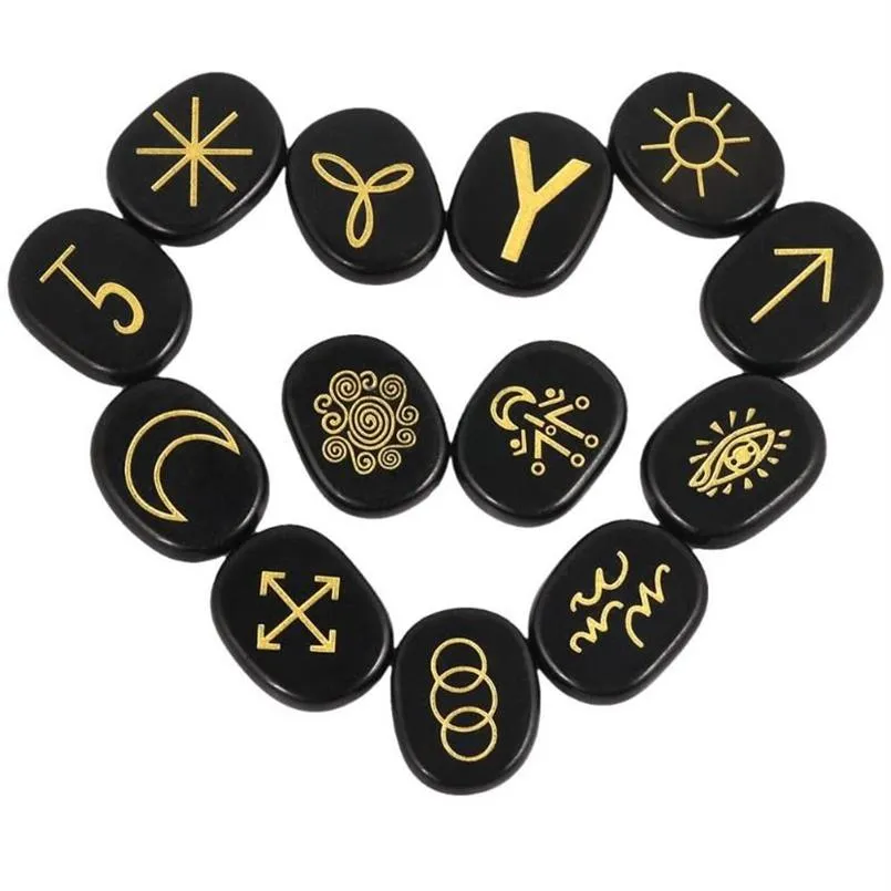 Ensemble de 13 pierres Runes de sorcières naturelles, cristal de guérison avec symboles Reiki gitan gravés pour la méditation et la divination 215F