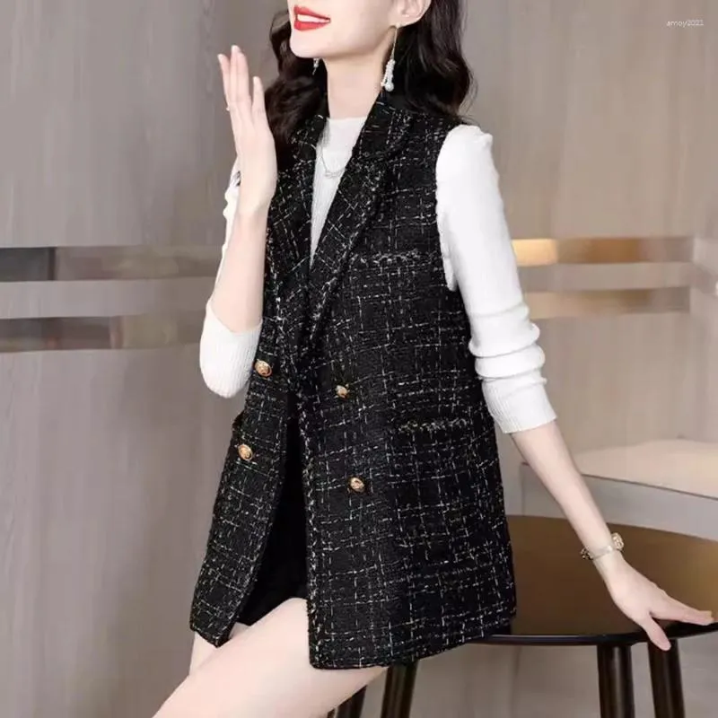 Damesvesten Koreaans Kantoor Dame Gilet Jas Vintage Zwart Tweed Vest Voor Dames V-hals Mouwloos Jassen Herfst Winter Elegant Bovenkleding