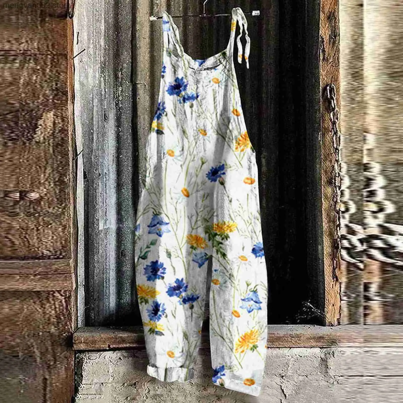 Kvinnors jumpsuits Rompers Summer Casual Floral Printed Bodysuit For Women Fashion Sleeveless Halter Wide Leg Pants Overalls Streetwear T231026