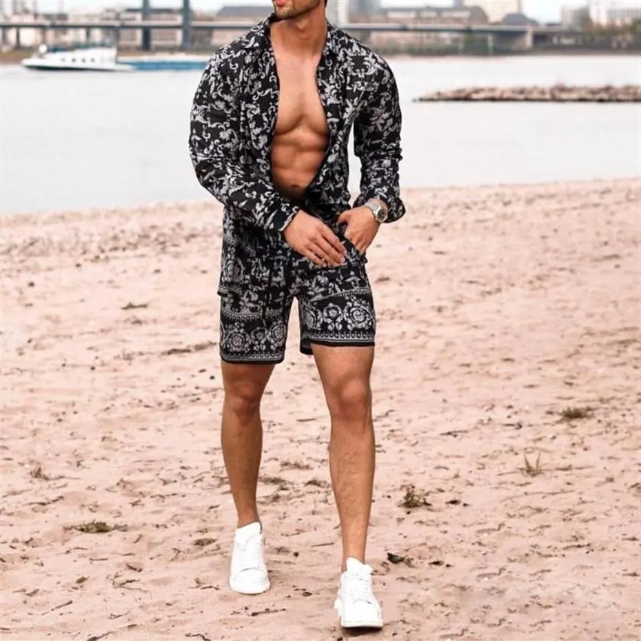 Men's Tracksuits Fashion Men Sets Summer 2021 Lapel Print Long Sleeve Shirts Short Pants Casual Youth Slim Beach Suit Trend M322g