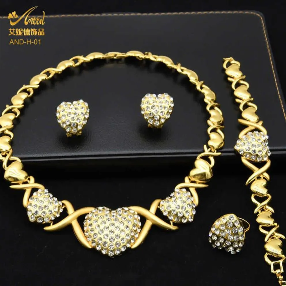 Xoxo Set di gioielli color oro Collana a forma di cuore Orecchini da sposa africani Anello braccialetto Indiano nigeriano Gioielli da sposa di lusso alla moda H1261r