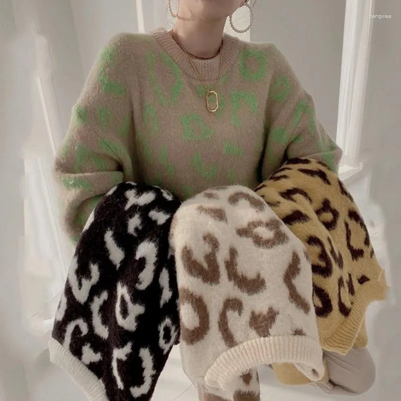 Women's Sweaters Pullover Korean Style Fashion Round Neck Loose Leopard Long-sleeved Sweater Basic Base Top Y2k Girl