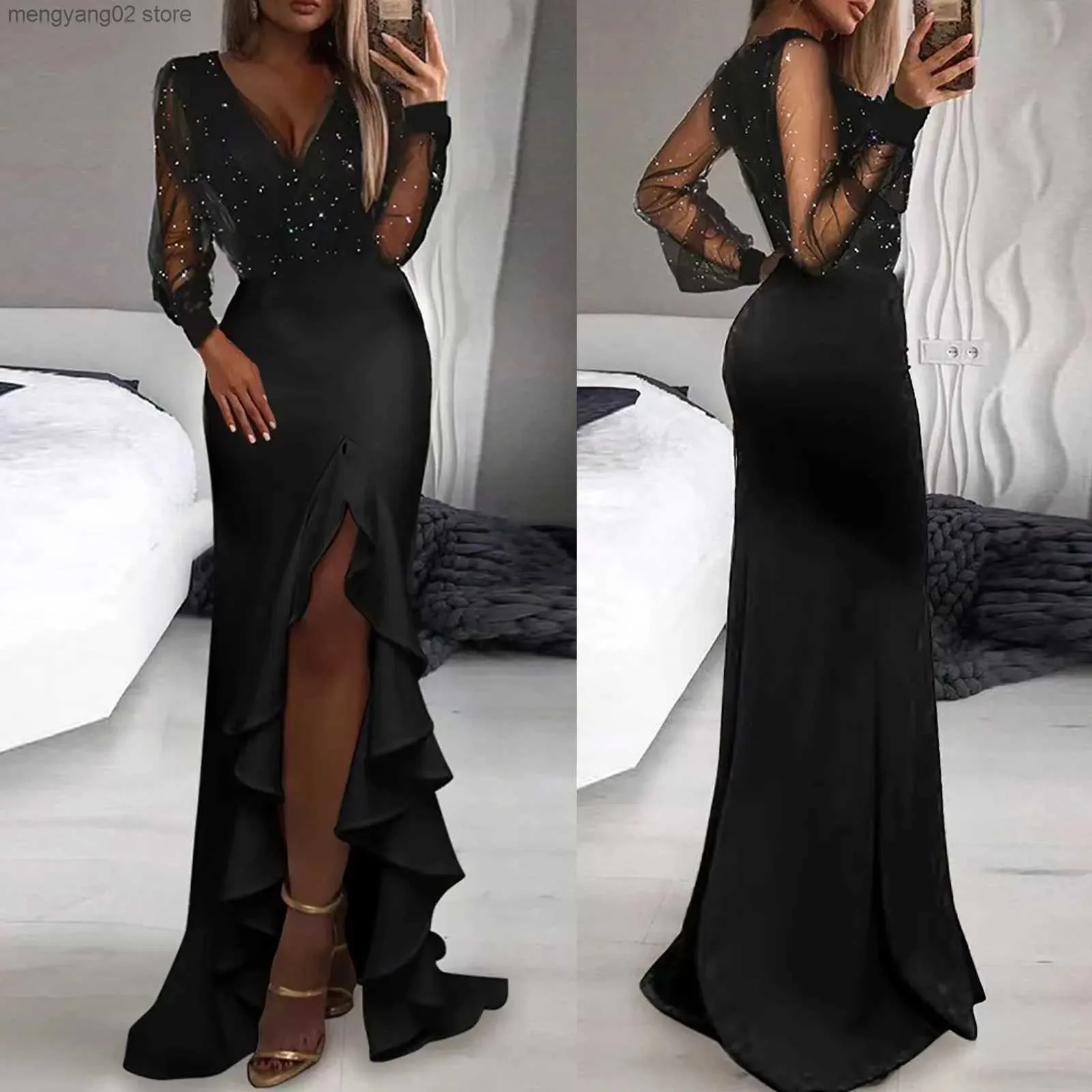 Basic Casual Dresses New Prom Dress Women's Black Mesh Long Sleeve Sequin Maxi Dresses Fashion V-neck Slim Fit Split Bag Hip Black Sexy Dress T231026