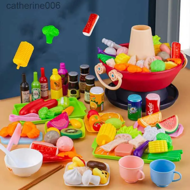 Kitchens Play Food Play house simulation food seafood fruits and vegetables kitchen hot pot toys children s barbecue boys and girls cooking setL231026