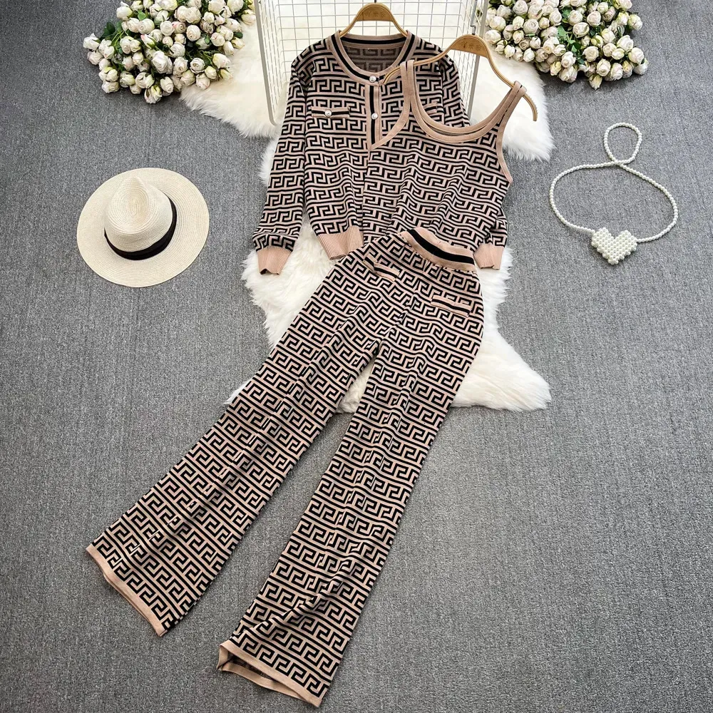 Frauen Zwei Stück Hose Pullover Hose Set Casual Leibchen Strickjacken Anzüge Herbst Winter Gestrickte Plaid Langarm Eleganz Top elastische Sweaterpants 231025