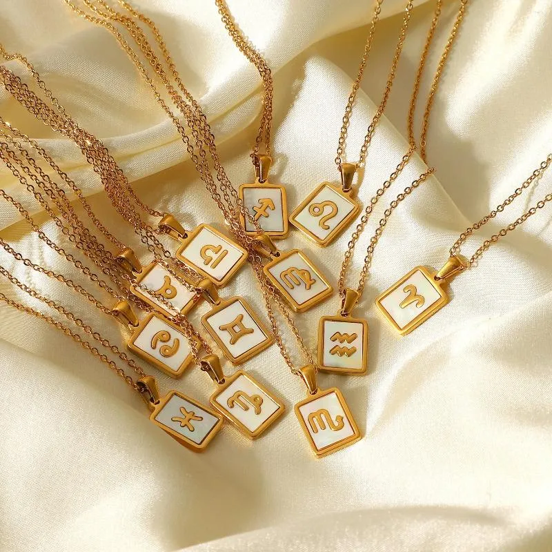 Anhänger Halsketten Edelstahl 12 Konstellationen Halskette für Frauen Vergoldet Weiß Shell Quadrat Sternzeichen Choker Schmuck