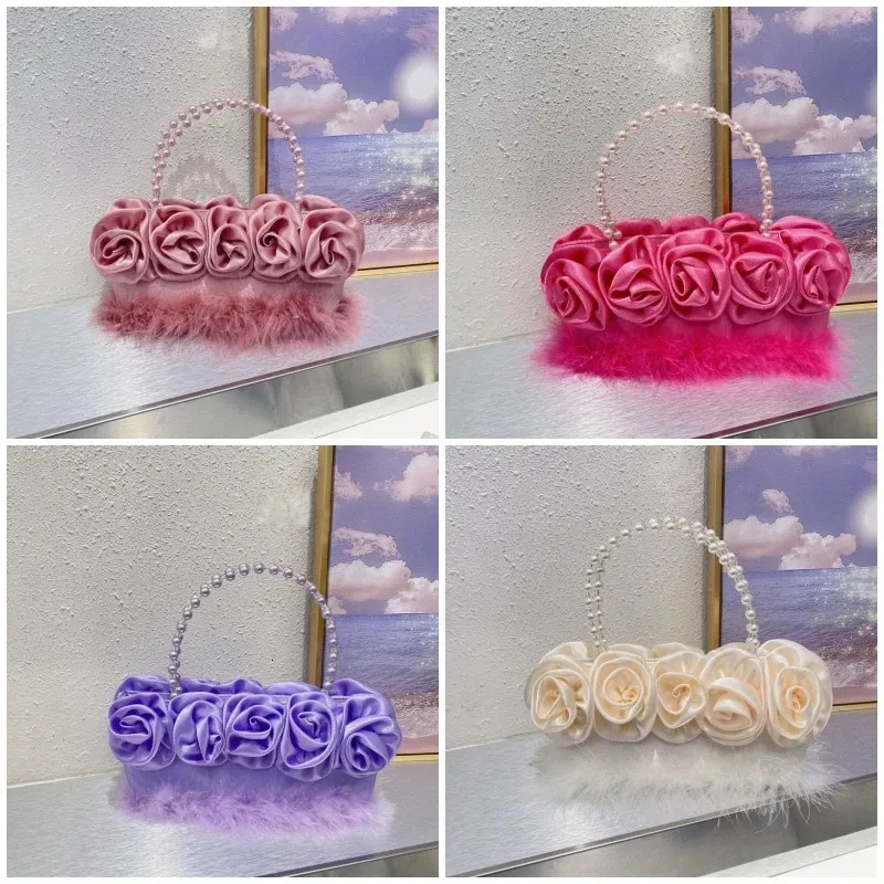Kvällspåsar Fashion Luxury Design Pearl Rose Flower Women's Handbag Evening Bag Wedding Party Prom Handhållen axel underarm plånbok 231026