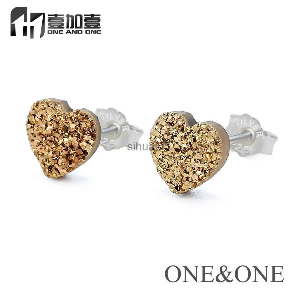 Stud Eyika Drusy Heart 8mm/10mm Silver Color Ear Holder Earrings Wholesale Natural Druzy Stone Crystal Jewelry Gift for Women YQ231026