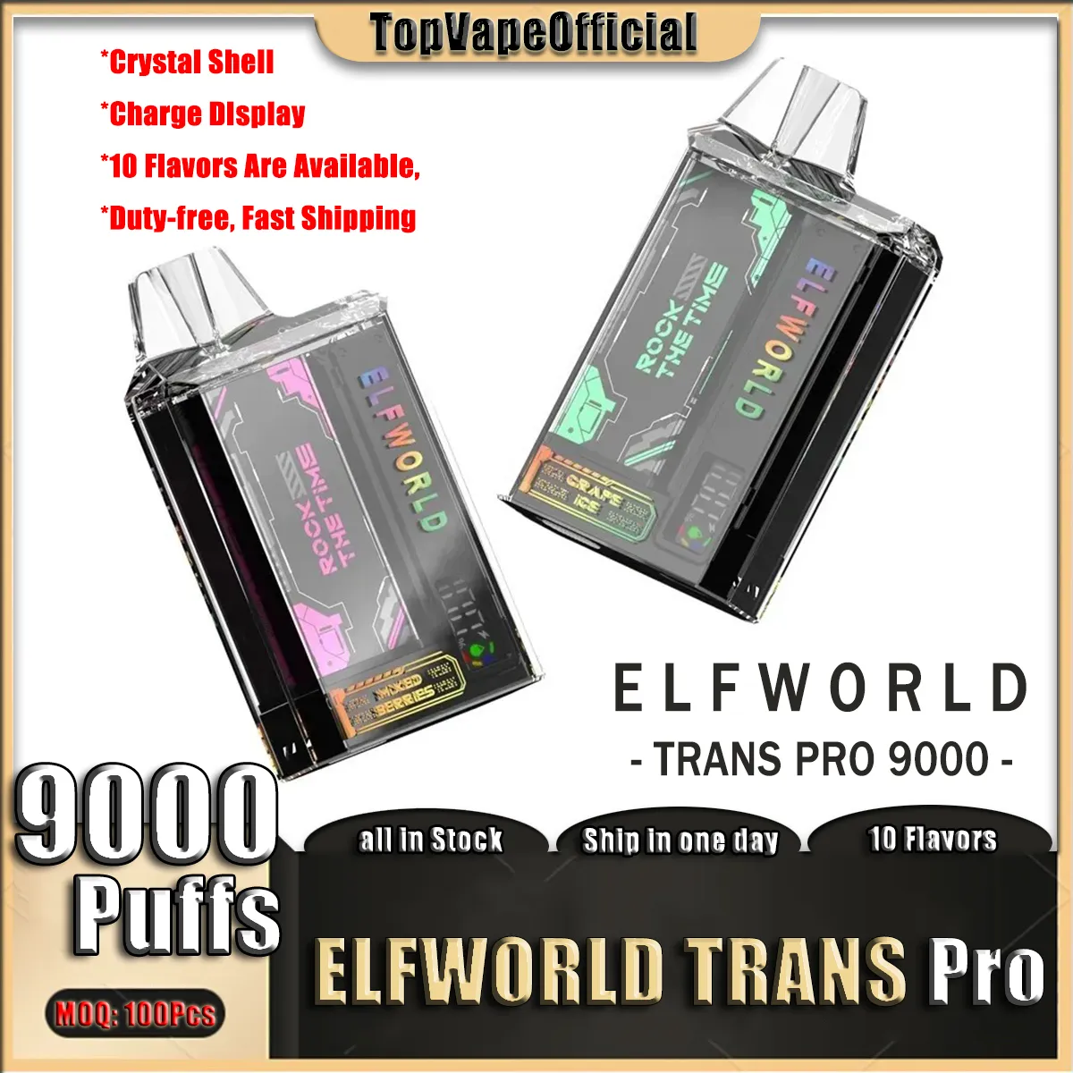 Coque en cristal d'origine ELFWORLD TRANS PRO 9000 bouffées avec affichage de charge stylo vape jetable rechargeable pour cigarettes électroniques avec batterie 750 mAh bobine de maille pré-remplie de 16 ml