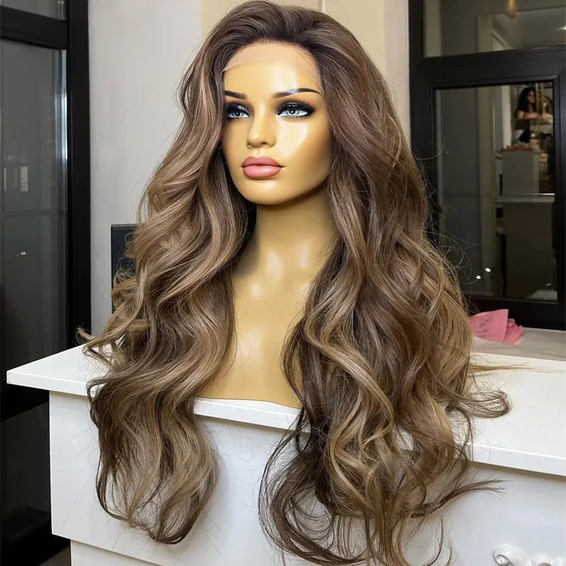 Ash Brown Body Wave Lace Front Wig: 36 Inch Human Hair Blend 