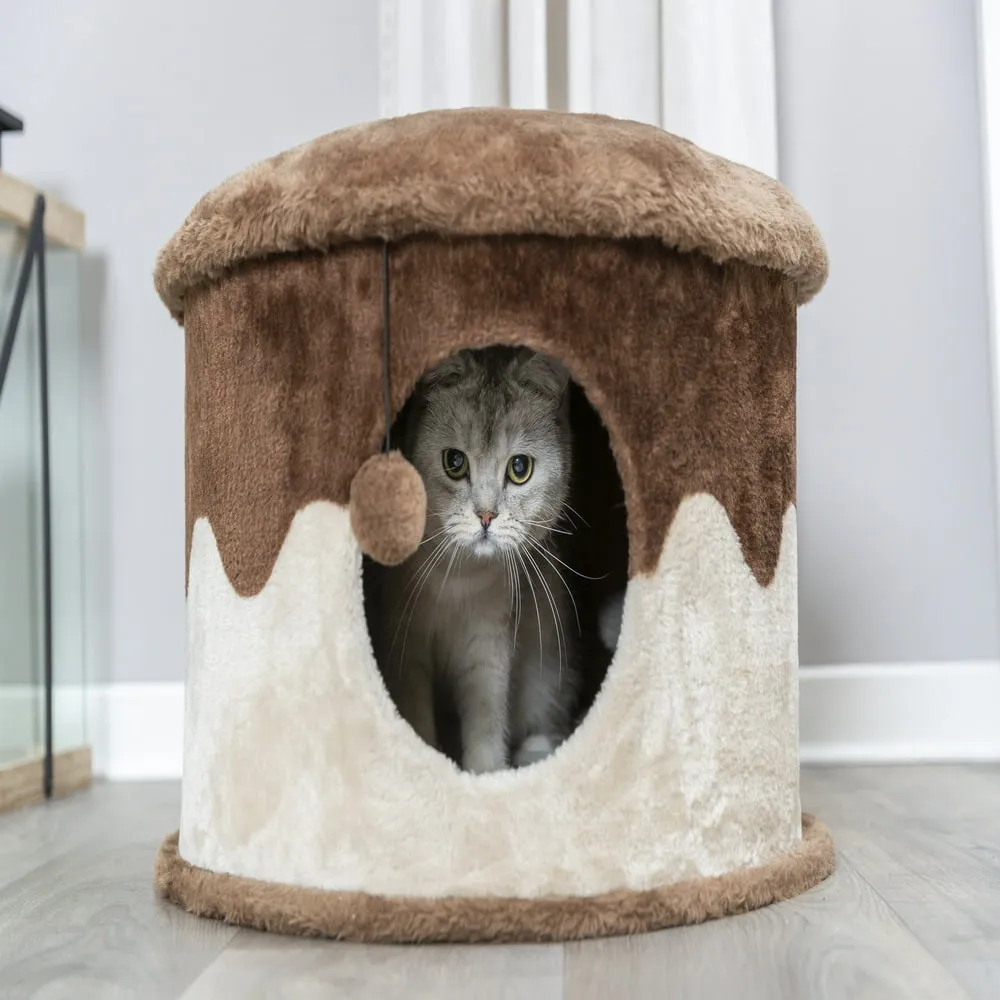 Condo d'intérieur pour chat avec housse en peluche confortable avec un jouet pour chat sur ficelle, marron-beige