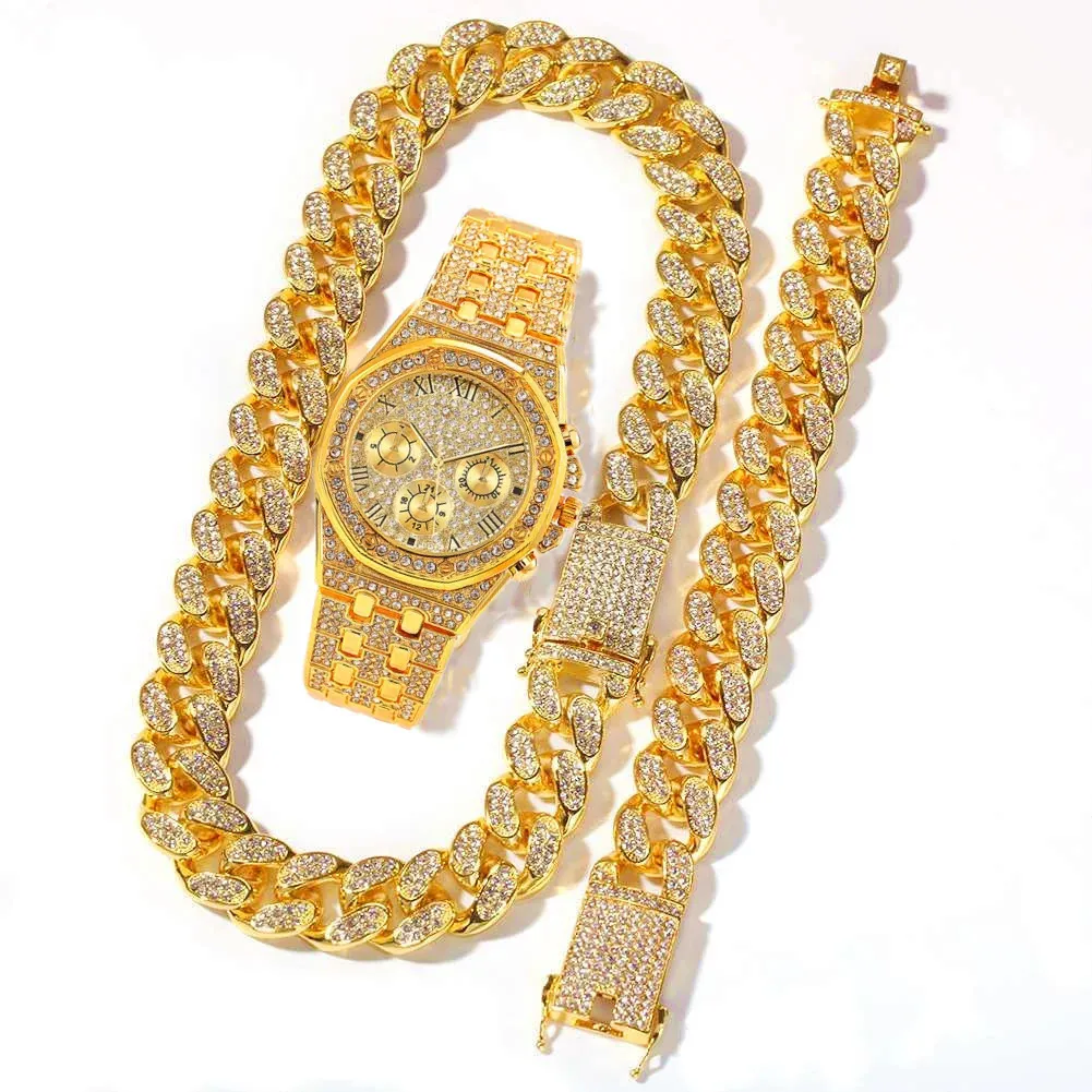 Zegarki dla kobiet mężczyźni oglądają zestaw naszyjnik Hiphop Miami kubańska łańcuch duży złoty łańcuch dhinestone bling luksus mrożony na zewnątrz biżuteria 231025