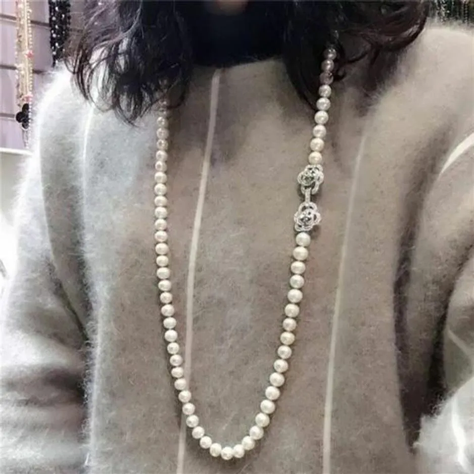 Collier de perles d'eau douce blanches naturelles nouées à la main, 8-9mm, chaîne de pull longue de 80cm, bijoux à la mode 206c