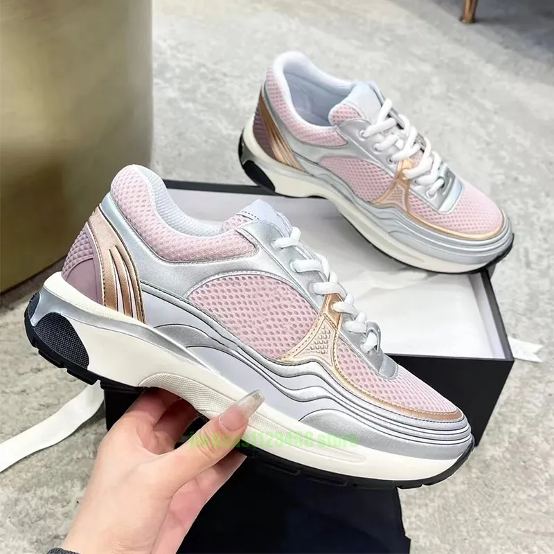 Luxury designer running shoes channel sneaker women casual sports shoe suede effect calfskin nylon reflective sneakers pink