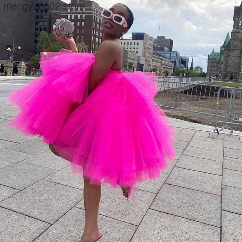 Basic Casual Dresses Chic Fuchsia Ruffles Short Tulle Dresses Women 2022 Puffy A-line Mini Tutu Dress Summer Off The Shoulder Robe Vestidos T231026