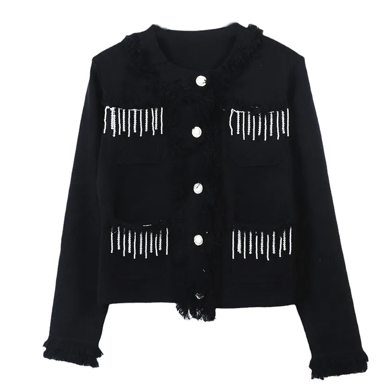 1019 2023 Runway Otoño Marca Mismo estilo Suéter Manga larga Cuello redondo Negro Blanco Cardigan Ropa de moda Alta calidad Mujer mingmo