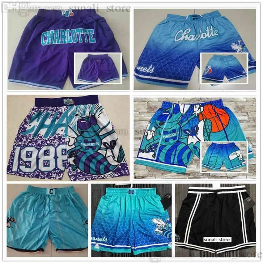 2022 Charlotte''hornets''mens retro basket shorts med fickor blixtlås svettbyxor spelbyxor Larry Johnson 2598