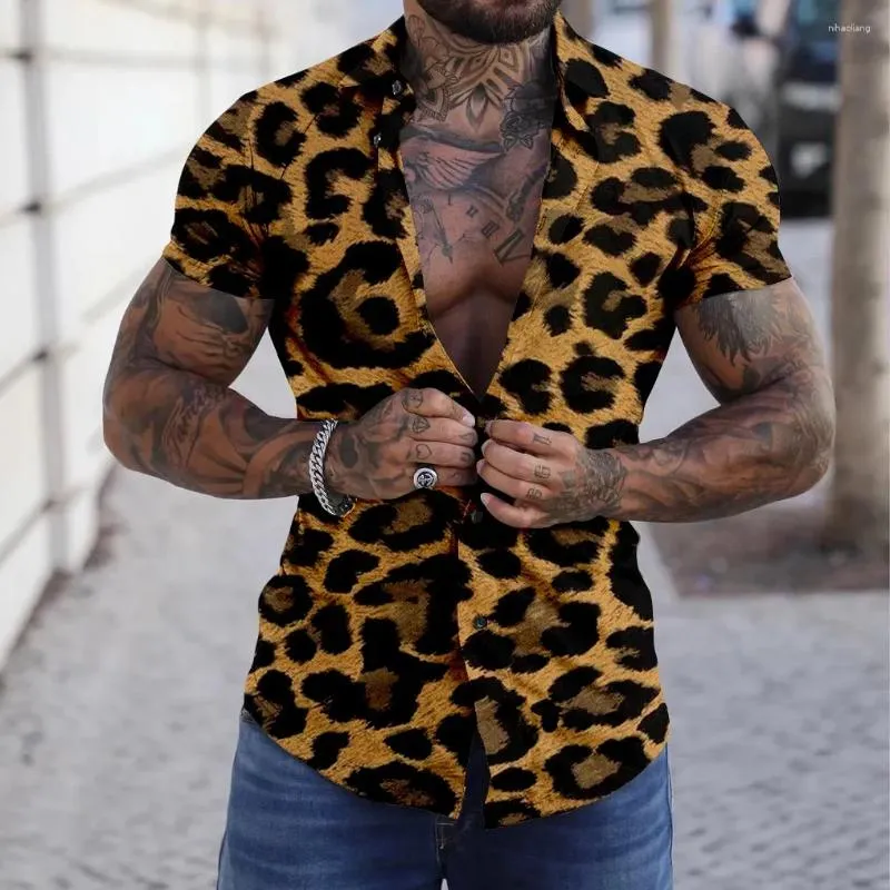 Mäns casual skjortor sommar män lyx leopard tryck skjorta vintage man stilfull blus trun ner krage kläder manlig strand stil outfit