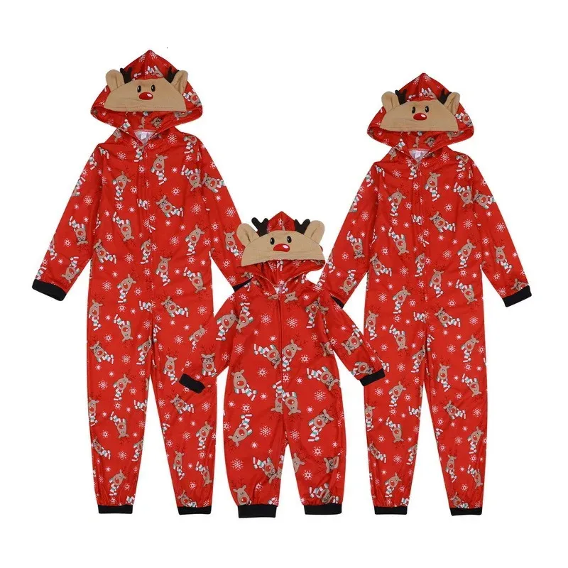 Tuta Pigiama Famiglia di Natale 1 pezzo Biancheria da notte donna uomo ragazza bambino bambino onesie tuta pagliaccetto con zip abbinata famiglia con cappuccio impirmato cervi di Natale, 3-rosso, 7-8
